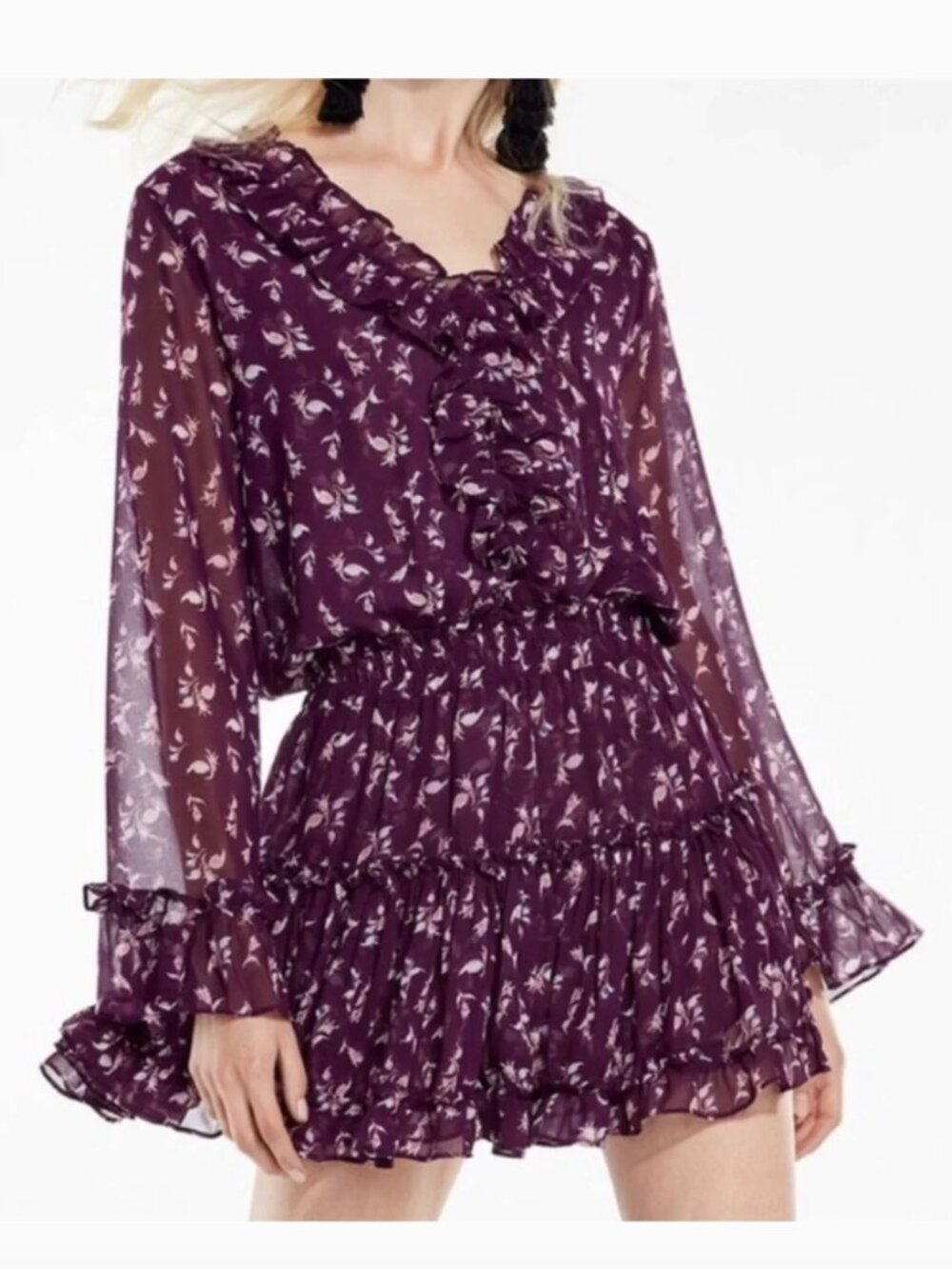 MISA Los Angeles Alina Long Sleeve Mini Dress Floral Purple Small